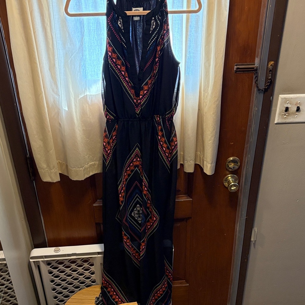 Old Navy Black Maxi Dress with Red and Orange Patterns